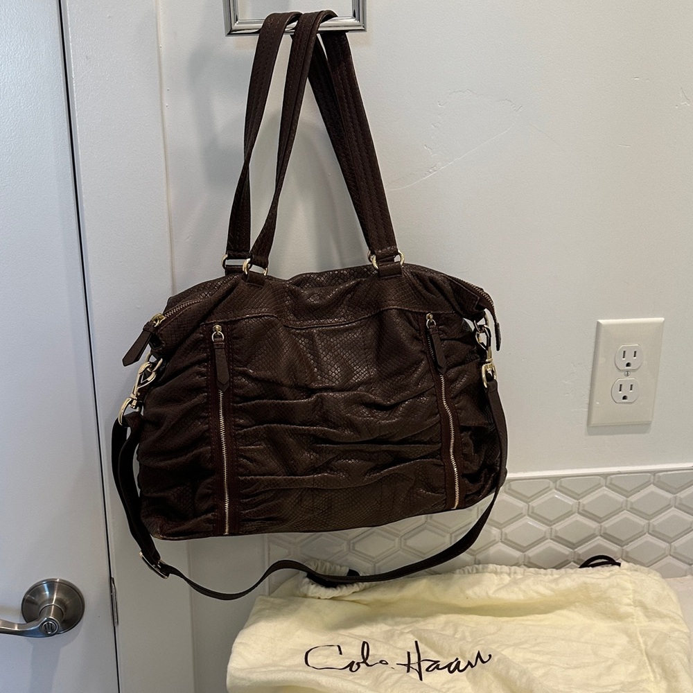 Cole Haan Chocolate Brown Snake Print Shoulder Bag; 2 handles + shoulder strap